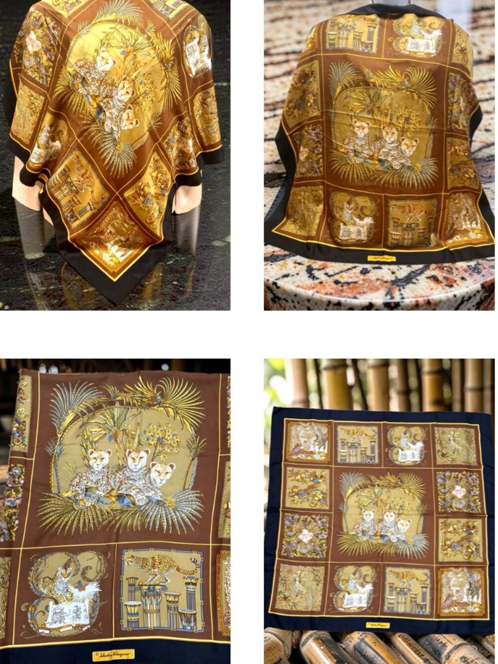 Leopard-Tiger Family Salvatore Ferragamo Scarf SilkSatin 34" Gold Brown (27 - Picture 7 of 15